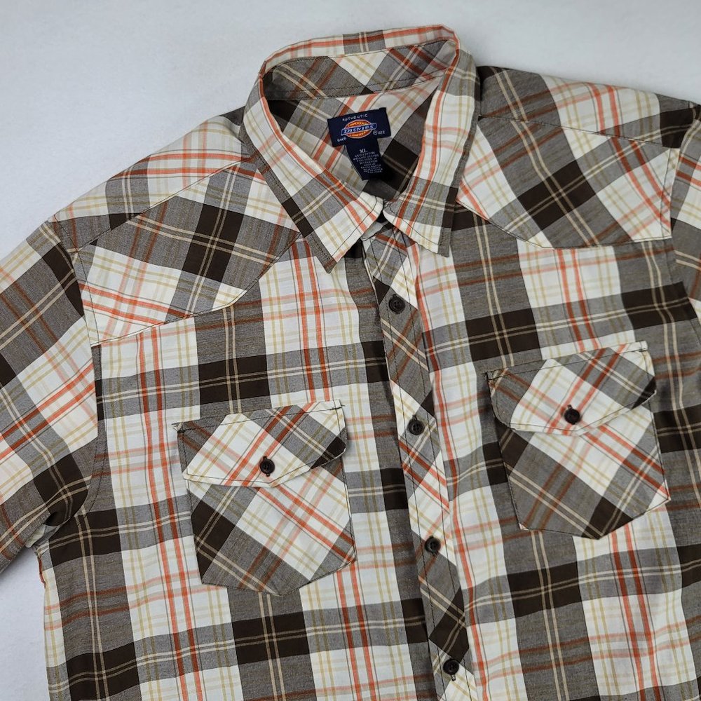 DICKIES Shirt Size XL Mens Brown - Orange Plaid Short Sleeve Button Up Casual